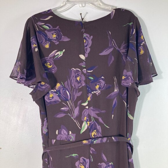 Lauren Ralph Lauren Georgette Flutter Sleeve Gown 16 Brown Purple Belt NWT - Picture 7 of 12